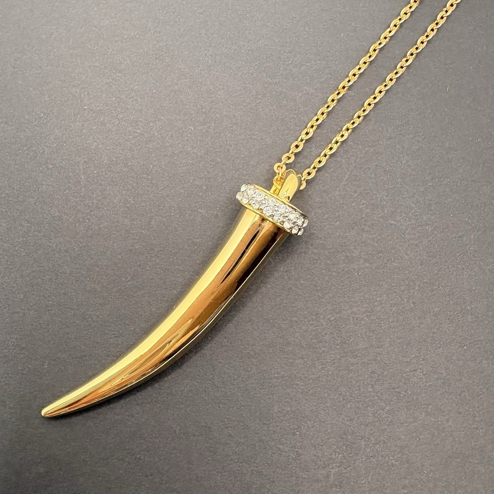 Vintage Tusk Pendant Necklace Gold Tone‎ Pavé Crystals 36"